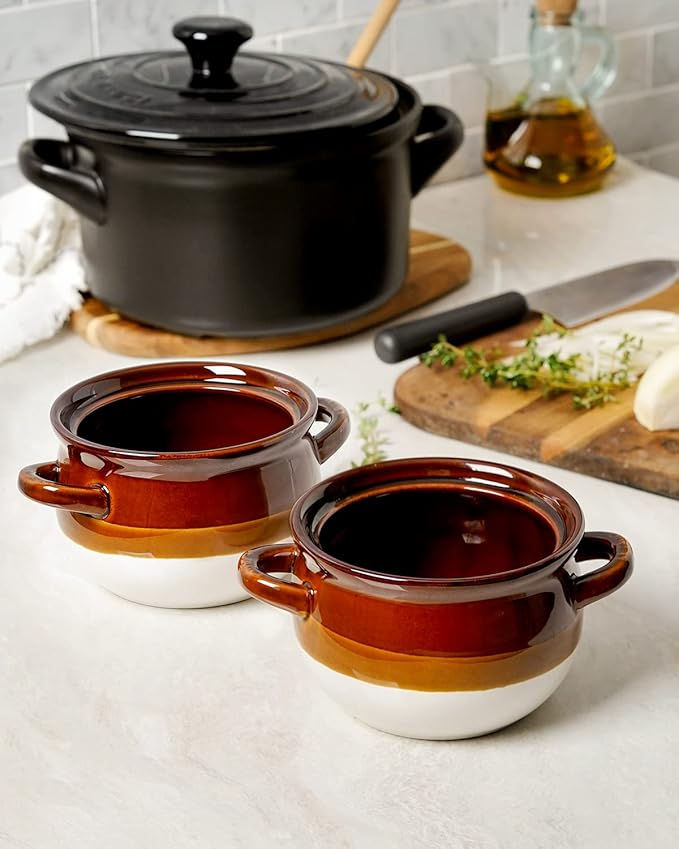 LE TAUCI French Onion Soup Bowls with Handles, 22 Ounce Ceramic French Onion Soup Crocks Oven Safe Serving Bowls for Soup, Chili, Beef Stew, Cereal, Pot Pies, Set of 4