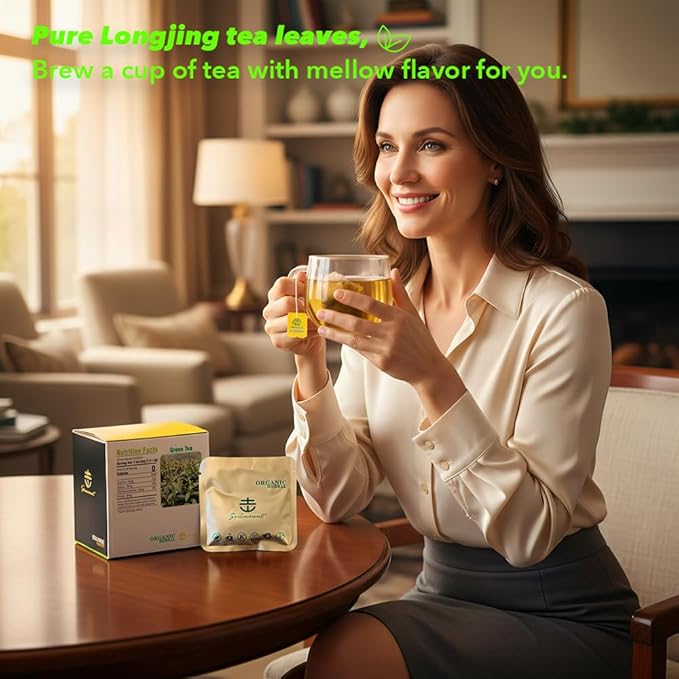 Soilmount Organic Longjing Tea - Chinese Green Tea - 18 Individually Wrapped Packets - Fresh Aroma, Balanced Sweetness, Suitable for Hot or Iced Tea