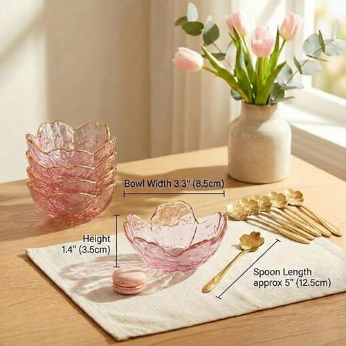 3.3” Small Sakura Dipping Bowls Set with Gold Spoons，Pink Glass Sauce Dishes with Gold Trim for Soy Sauce, Sushi, Snacks, and Party Appetizers（2 Bowls+2 Spoons）