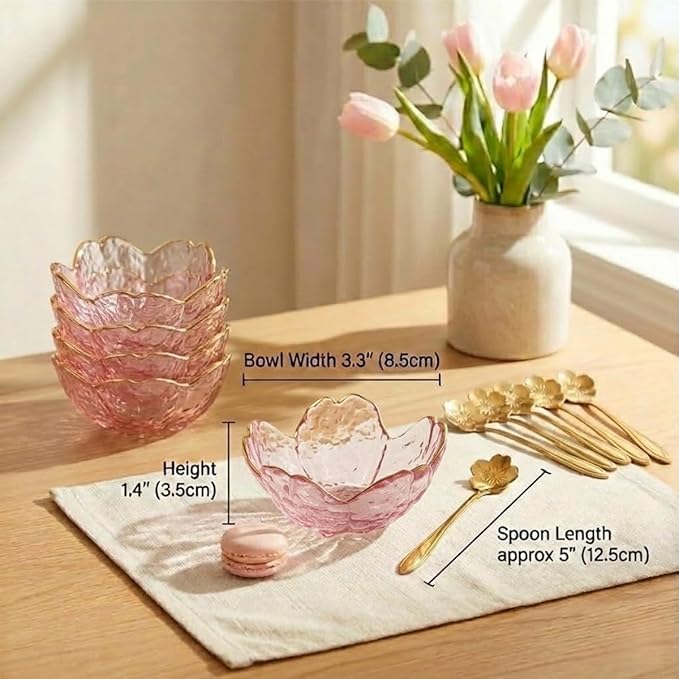 3.3” Small Sakura Dipping Bowls Set with Gold Spoons，Pink Glass Sauce Dishes with Gold Trim for Soy Sauce, Sushi, Snacks, and Party Appetizers（6 Bowls+6 Spoons）