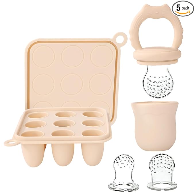 Socub Silicone Baby Fruit Food Feeder & Baby Food Freezer Tray Set, milk Popsicle Molds for Baby Teething Relief, Baby Food Pacifier Feeder for Self Feeding, Include 3 Sizes Food Pouch(Sand)