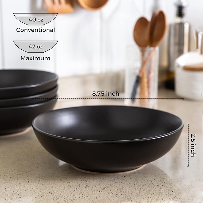 AmorArc 8.75‘’ Large Pasta Bowls, 42 ounce Deep Stoneware Bowls Set of 4 for Kitchen, Wide Bowl for Pasta/Salad/Fruit/Oatmeal/Soup, Microwave&Dishwasher Safe-Matte Black