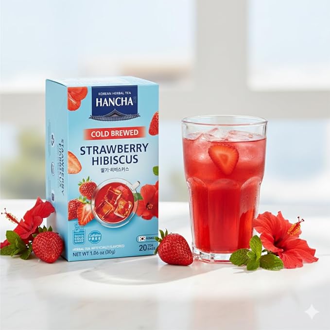 Damtuh Strawberry Hibiscus Cold Brew Tea Bags – Refreshing Fruit Herbal Tea with Real Hibiscus Flowers & Strawberry Flavor – Caffeine-Free Iced Tea for Summer Hydration (1.5g x 20 Count)