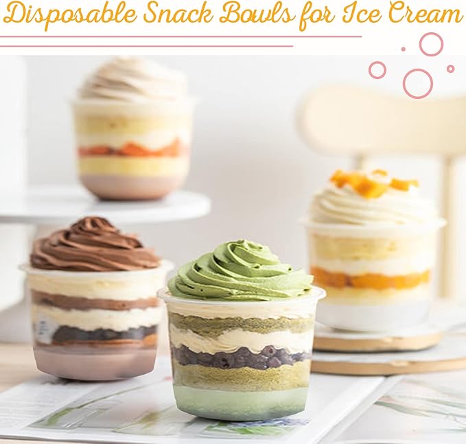 Alaeseje 50 Pack 8oz Disposable Clear Plastic Cups with Dome Lids(Hole in the Lid),PET Dessert Cups,Disposable Snack Bowls for Ice Cream,Cake,Fruit,Parfait, Pudding and Jello Shot