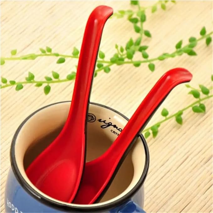 6 Pack - Red and Black 6.5-inch Asian Soup Spoon with Hook– Fuji Chinese Japanese Korean Style Spoon, Perfect for Melamine Won Ton Rice Pho Soba & Ramen Noodle Soups