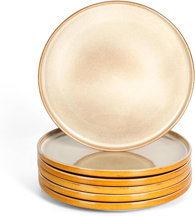 vicrays Ceramic Dinner Plates Set - Porcelain 10 Inch Flat Steak Pasta Pizza Plate Home Party Restaurant Plate Scratch Resistant Microwave Oven and Dishwasher Safe Set of 6 Beige