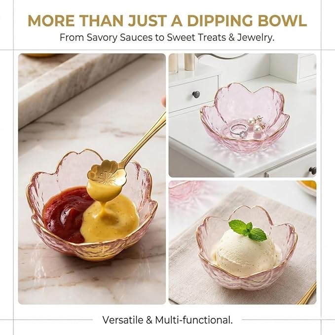 3.3” Small Sakura Dipping Bowls Set with Gold Spoons，Pink Glass Sauce Dishes with Gold Trim for Soy Sauce, Sushi, Snacks, and Party Appetizers（6 Bowls+6 Spoons）