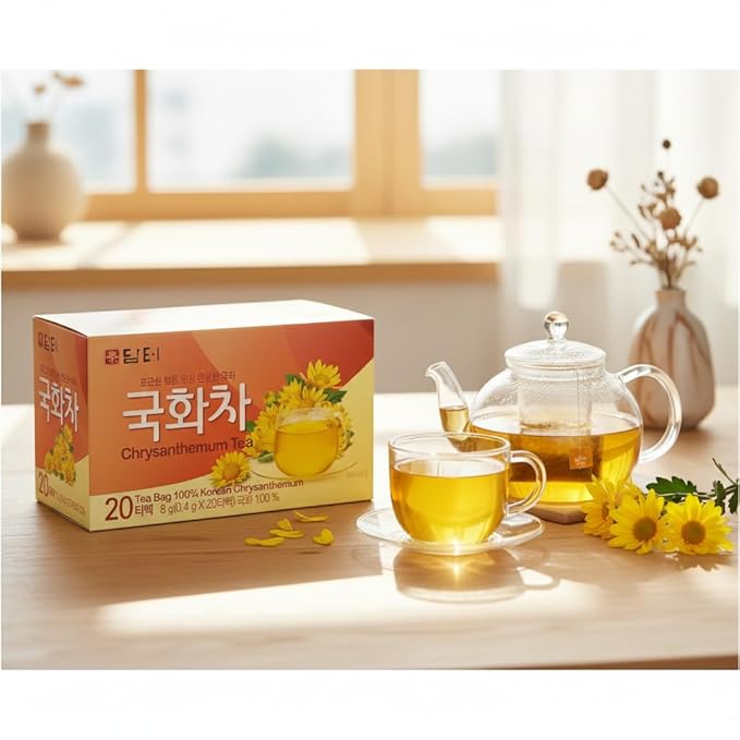 Damtuh Chrysanthemum Tea Bags, Korean Herbal Flower Tea, Caffeine-Free Soothing Floral Tea, 20 Tea Bags