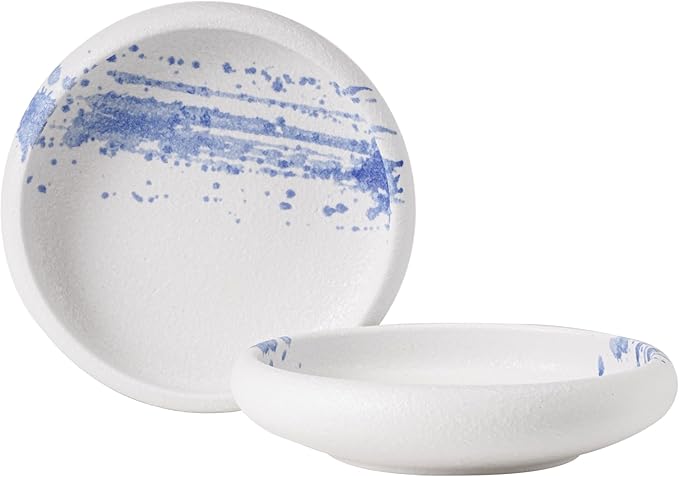 Uaral Salad Plate Stone Plates 8 Inch Pasta Plates Portion Plate Japanese Serving Dishes Set of 2,20 oz(Blue Stone Texture)