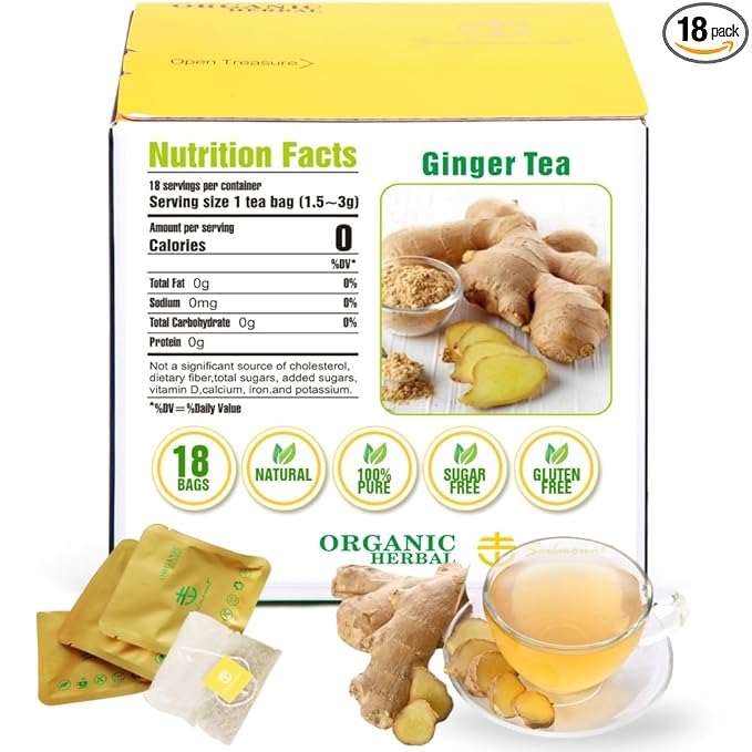 Soilmount - Ginger Tea - |Ginger Root|姜|jiang| - Pure Herbal Tea - Natural, Organic, Non-GMO, Clean Ingredients, Caffeine Free (18 Tea Bags, Box 1)