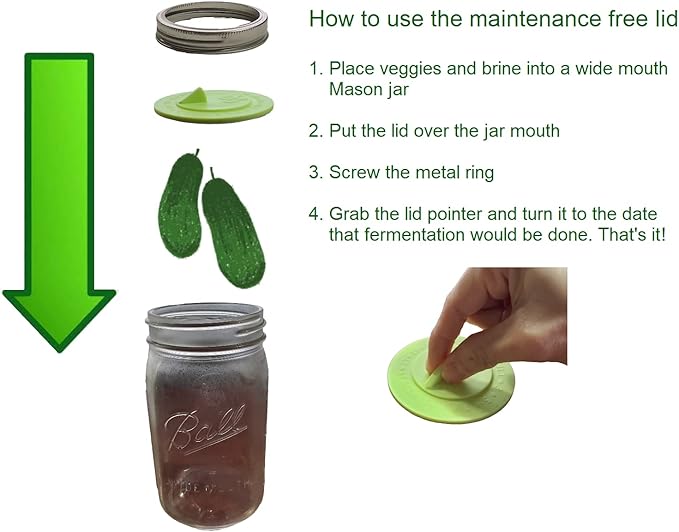 7pack Maintenance airlock waterless fermentation lids for wide mouth mason jars. Make Sauerkraut, Kimchi, Pickles, any fermented vegetable probiotic foods. BPA, mold free, dishwasher safe.