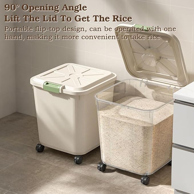 Food-Grade Rice Storage Container with Measuring Cup/Wheels – Airtight, Anti-Insect, Moisture-Proof Bin for Rice, Flour, Pet Food – Large Kitchen & Pantry Organizer (02,55 lbs(with wheels))