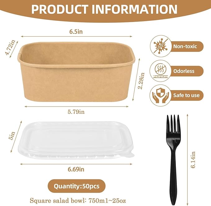 50 Pack Disposable Meal Prep Containers, 25oz Disposable Large Paper Bowls with Lids and Forks for Salad, Noodles, Freezer and Microwavable Storage Use Cardboard Food Containers