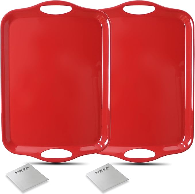 KAQAHIDO Large Melamine Serving Trays for Eating, 17.5’’ x 12’’ Serve Platter for Appetizer, Charcuterie, Food, Snack, Cupcakes, Dessert, BPA-Free, Dishwasher Safe Tray, Set of 2, Red