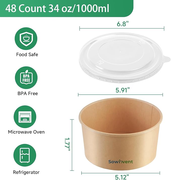 34 oz Disposable Kraft Paper Bowls with Lids and Sporks, 48 Sets Leak-Proof Meal Prep Containers for Hot & Cold Food, Soup, Salad, Snacks, Ice Cream, Desserts, Food Bowls