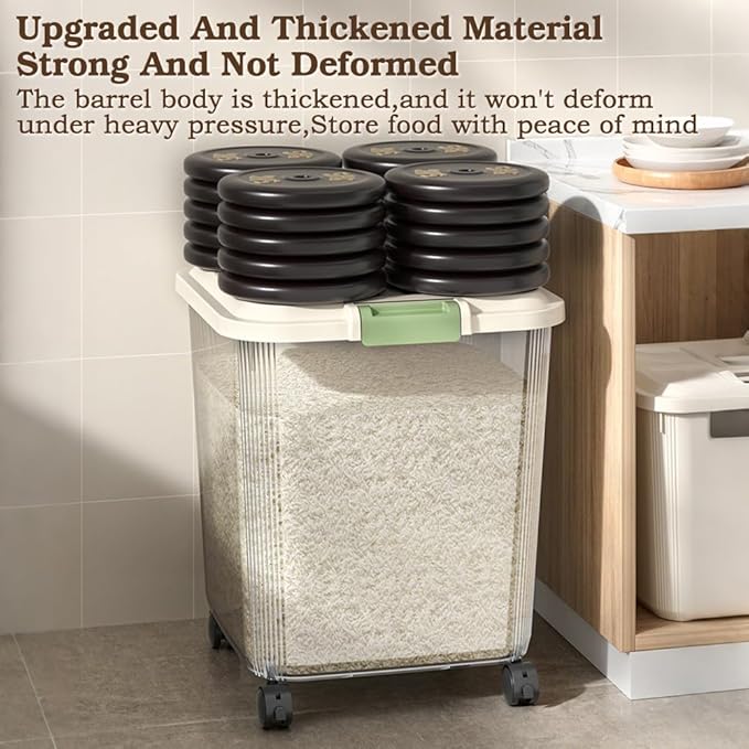 Food-Grade Rice Storage Container with Measuring Cup/Wheels – Airtight, Anti-Insect, Moisture-Proof Bin for Rice, Flour, Pet Food – Large Kitchen & Pantry Organizer (02,55 lbs(with wheels))
