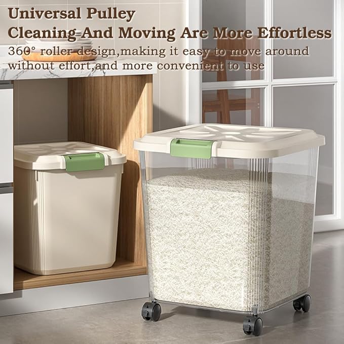 Food-Grade Rice Storage Container with Measuring Cup/Wheels – Airtight, Anti-Insect, Moisture-Proof Bin for Rice, Flour, Pet Food – Large Kitchen & Pantry Organizer (02,55 lbs(with wheels))