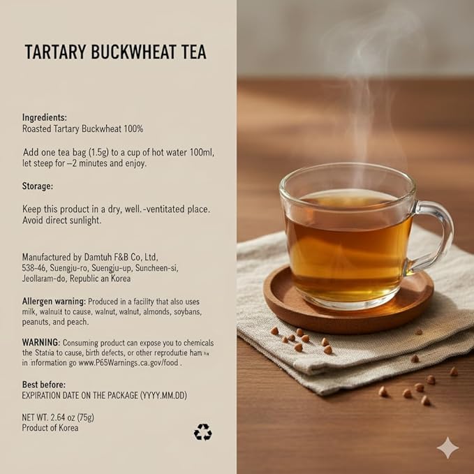 Damtuh Buckwheat Tea Bags, Korean Tartary Buckwheat Tea, Caffeine-Free, 50 Bags