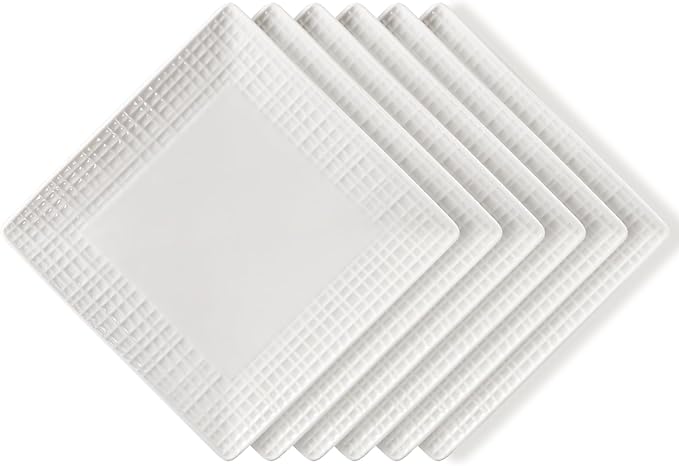 Square Dinner Plates, Set of 6, 6 Inch White Ceramic, Embossed Crisscross, Safe for Dishwasher, Microwave and Oven