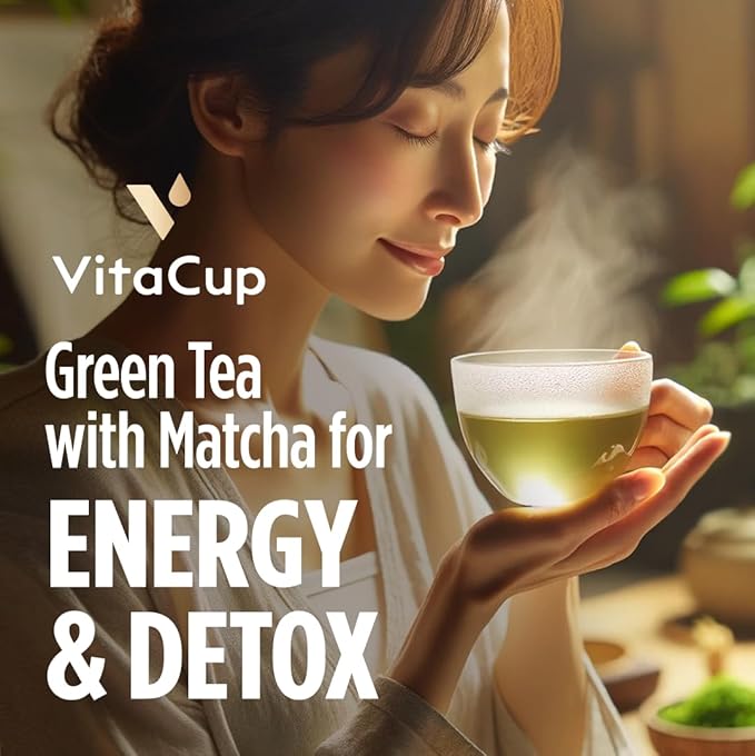 VitaCup Green Tea Pods, Enhance Energy & Detox with Matcha, Moringa, B Vitamins, D3, Keto, Paleo, Vegan, Single Serve Pod, Compatible with Keurig K-Cup Brewers,32 Ct