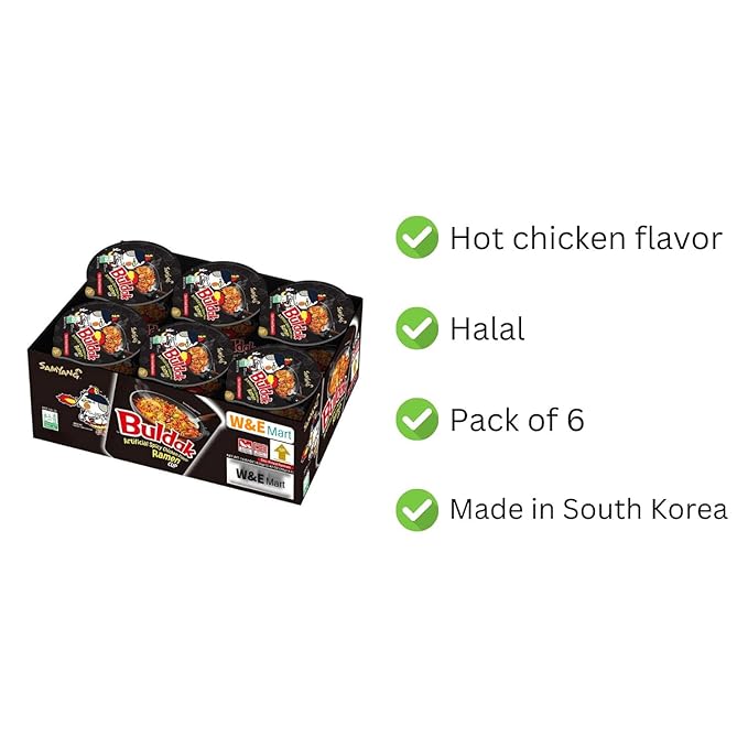 W&E Mart Ramen, Buldak Hot Spicy Chicken Ramen Noodle, Korean Stir-Fried, Original Flavor, Pack of 6 cups