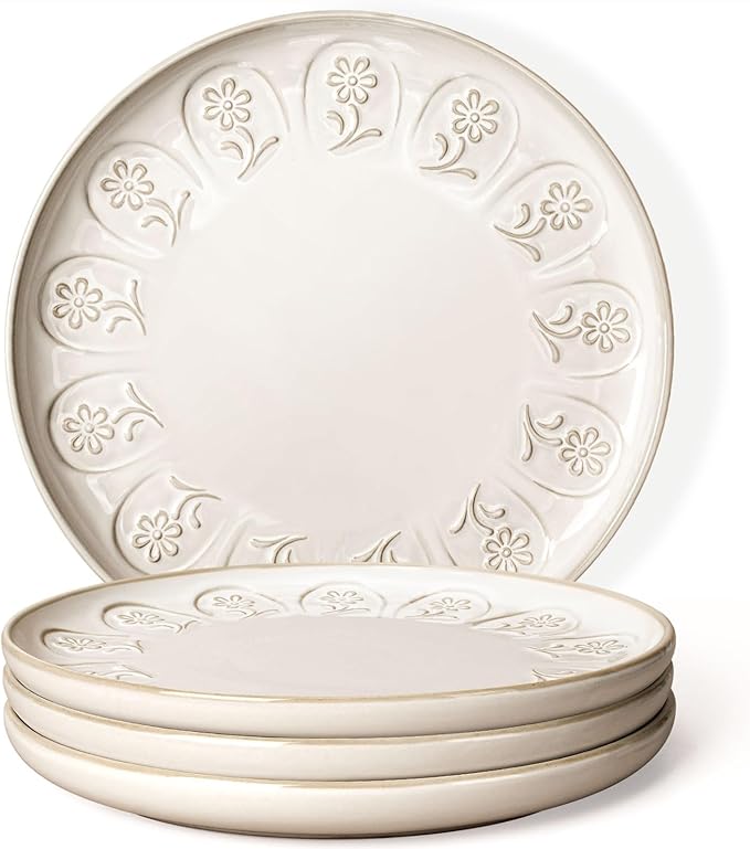 Artena Large Ceramic Dinner Plates Set Of 4, 10.75 Inch Embossed Kitchen Salad Plates, Modern Serving Plates For Restaurant, Plates With Lipped Edges, Microwave Dishwasher Safe (Pinwheel Flower)