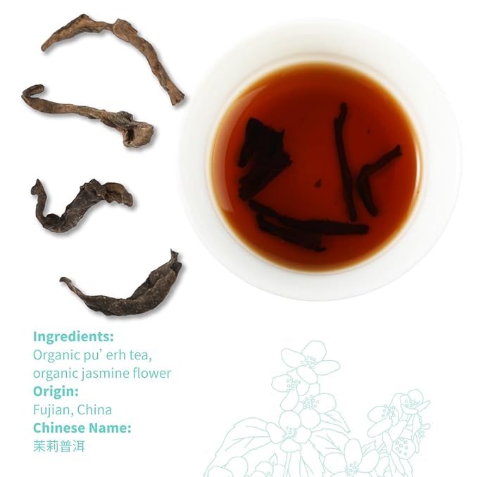 Essencesip Jasmine Puerh Tea - Black Ripe Pu Erh Loose Leaf Teas Scented with Jasmine Blossom - 5oz sampler in tin, Floral Aroma, Smooth Pu-erh Flavor, Low Astringency