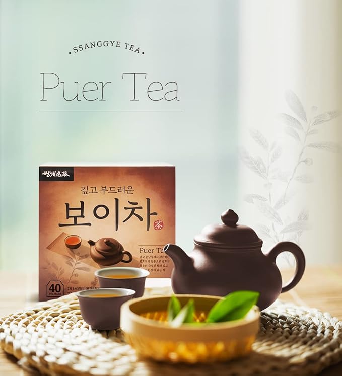 Ssanggye Puer Tea 0.6g x 40 Tea Bags, Premium Korean Herbal Pu-erh Tea Hot Cold Brew Black Tea, Loose Leaf Oriental Soothing Savory Deep Herb Flavor 4 Seasons Daily Drink Made in Korea
