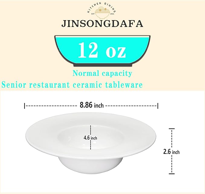 Soup Bowl, Soup Plate with Rim 12 oz, Pasta Bowl Set of 4, White Shallow Bowl Plate, Ceramic Wide Rimmed Soup Bowl, Best choice for high-end restaurants, hotels, and foodies, 8.86 Inch