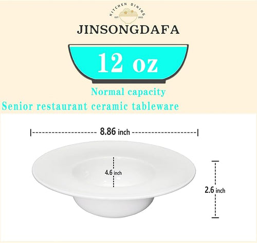 Soup Bowl, Soup Plate with Rim 12 oz, Pasta Bowl Set of 4, White Shallow Bowl Plate, Ceramic Wide Rimmed Soup Bowl, Best choice for high-end restaurants, hotels, and foodies, 8.86 Inch