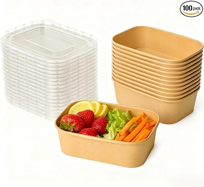 25 oz 50 Pack Paper Meal Prep Containers with Lids, Disposable Food Containers, Brown Rectangular Paper Bowls with Lids for Snacks, Salad, Soup, Thanksgiving, Christmas