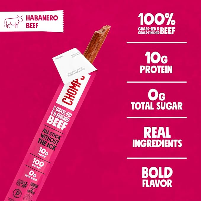 Chomps Grass-Fed and Finished Spicy Habanero Beef Jerky Snack Sticks 10-Pack - Keto, Paleo, Whole30, 10g Lean Meat Protein, Gluten-Free, Zero Sugar Food, Non-GMO