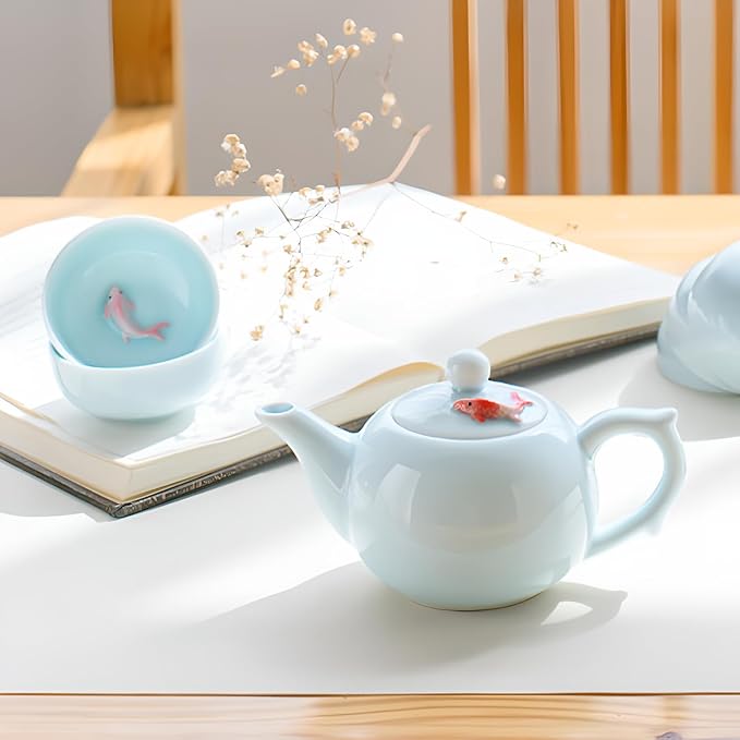 Yixing Handmade Celadon Colorful Koi Fish Teapot,Chinese Gongfu Tea Set,Japanese Teapot, Korean Soju Shot Glasses Set