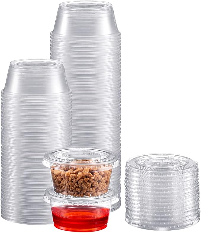 Zeml Portion Cups with Lids (3.25 Ounces, 100 Pack) | Disposable Plastic Cups for Meal Prep, Portion Control, Salad Dressing, & Medicine | Small Plastic Condiment Container