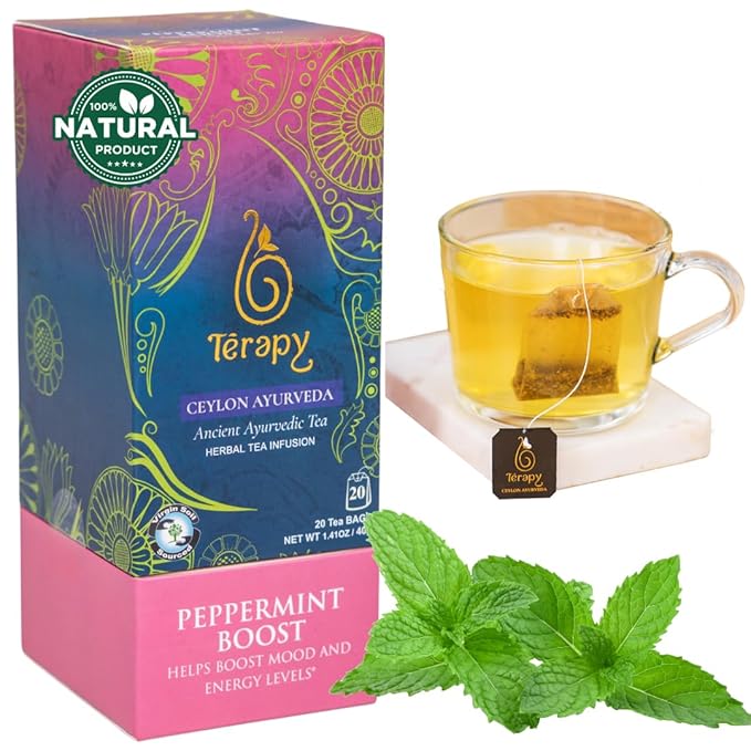 TERAPY Ceylon Peppermint Tea - Boosts Well-being & Energy Levels, 100% Pure Peppermint Tea Bags, Low Caffeine, Refreshing Herbal Flavor, 20 Individually Wrapped Unbleached Bags for Freshness (1 Pack)