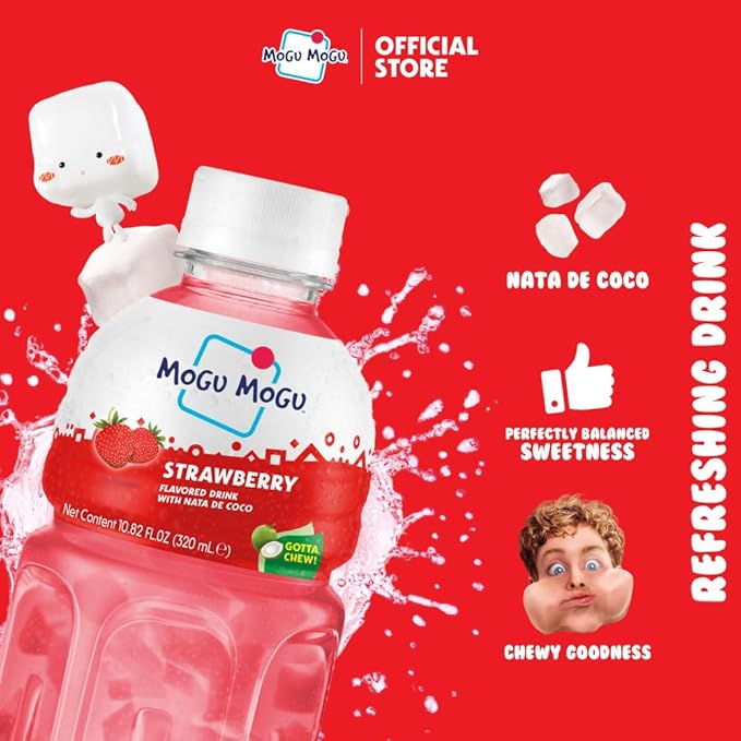Mogu Mogu Strawberry Juice Drink with Nata de Coco (Coconut Jelly) – Chewy Fruit Beverage for Kids & Adults, 6 Pack Bottles, 10.82 fl oz Each