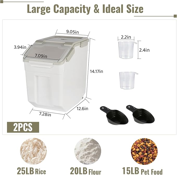 2 Pack Rice Container 25 lbs Large Bulk Flour Sugar Storage Holdhouse Plastic Grain Cereal Dry Goods Bin with Spoon and Measuring Cup for Kitchen Pantry Organization - Grey