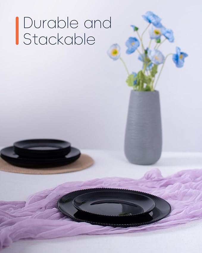 LaGlint 10.5 inch Ribbed Dinner Plate Set of 6, Round Opal Glass Black Dinnerware Plates, Dishwasher and Microwave Safe