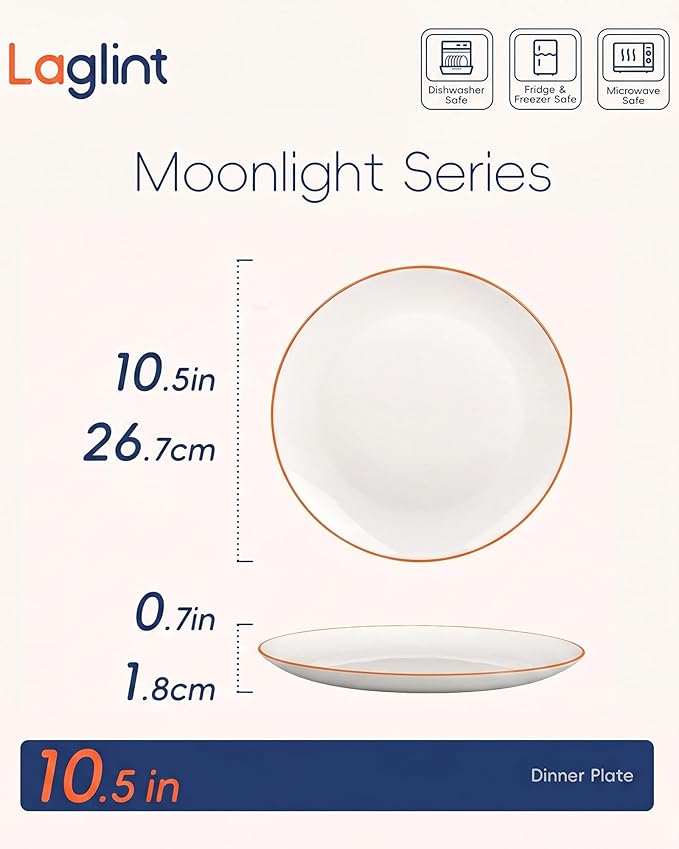 LaGlint 10.5 inch Dinner Plate Set of 6, Lightweight Round Opal Glass Dinnerware Plates, Dishwasher and Microwave Safe, Hand Painted Orange Rim