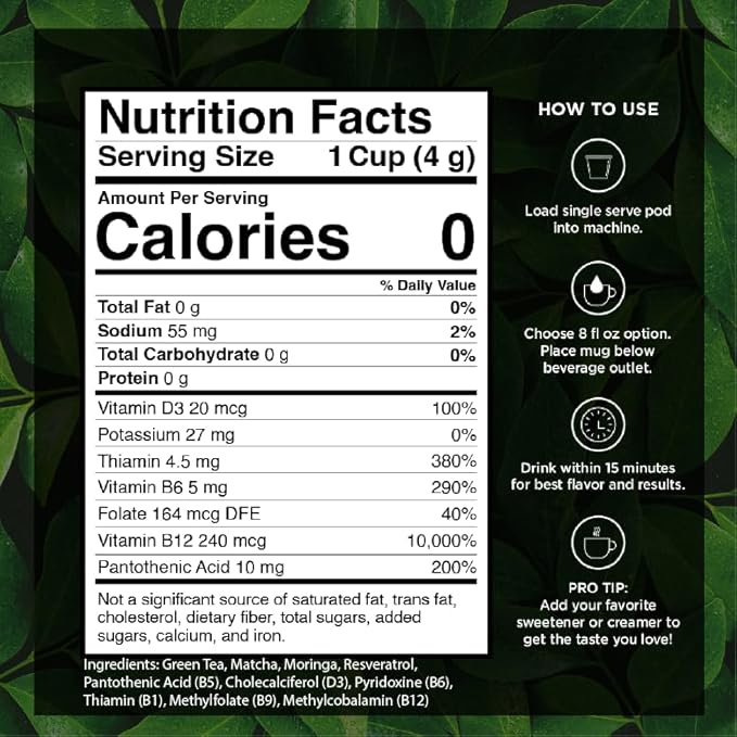 VitaCup Green Tea Pods, Enhance Energy & Detox with Matcha, Moringa, B Vitamins, D3, Keto, Paleo, Vegan, Single Serve Pod, Compatible with Keurig K-Cup Brewers,16 Ct