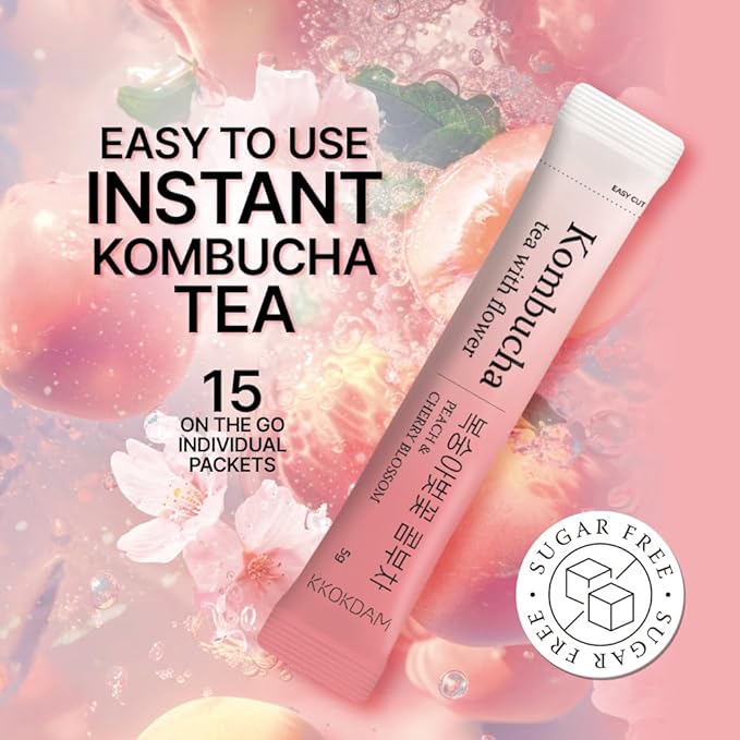 KKOKDAM Kombucha Tea - Peach & Cherryblossom Korean Tea - Kombucha Drinks Probiotic Support, Low Calorie, Sugar Free Kombucha Pack - 15 Packs