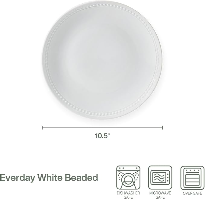Everyday White Beaded Coupe Set of 4 Dinner Plates, 10.5 inch