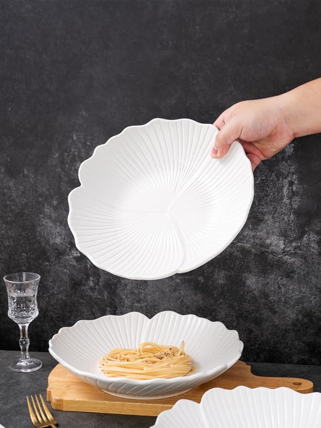 Jusalpha Set of 3-Japanese Style Flower Petal Shaped Porcelain Dinner Plates, Versatile Circular Serving Plates for Breakfast, Salad, Steak Dinner, PL019 (10 Inches, White)