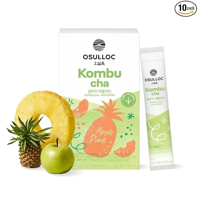 OSULLOC Kombucha Tea ApplePine (Pineapple & Apple), Sparkling Powdered Mix Beverage, No added sugar, 10 Sticks, 1.76oz