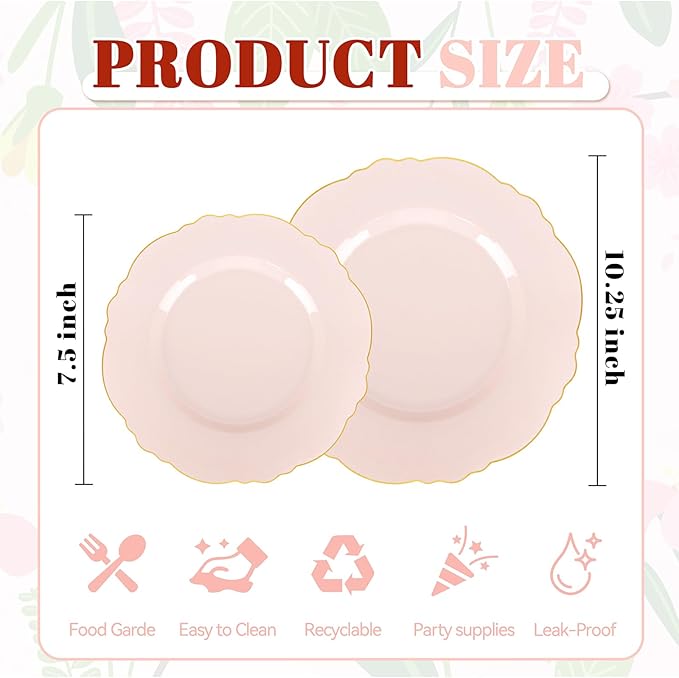 WDF 100pcs Pink Plastic Plates - High-end Baroque Design - Pink and Gold Plates - Including 50 Disposable Plate 10.25inch, 50Salad Plate 7.5inch for Wedding/Baby Shower/Spring/Birthday