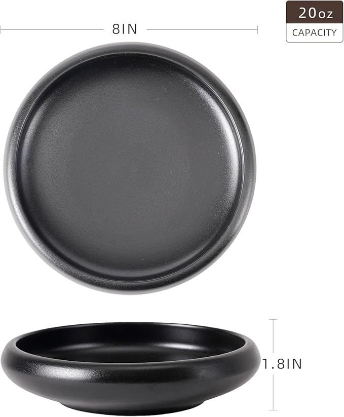 Uaral Japanese Salad Plate,8 Inch Black Plates and Bowls Set,Stoneware Pasta Bowl Set of 2,20 oz(Texture Matte Black)