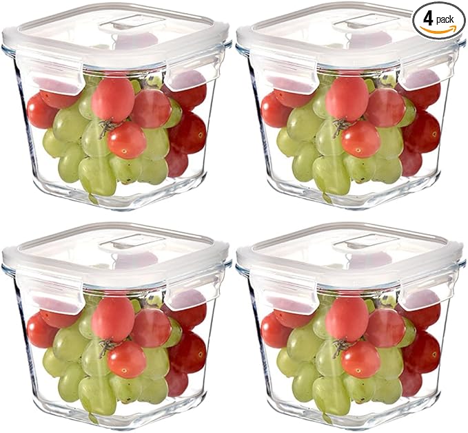 H.JSS WDJS 4 Cup Square Glass Food Storage Container with Lids, Square Glass Soup Container with Airtight Lids, 32 OZ Food Prep Bowls for Leftovers, Salad, Microwave、Fridge、Dishwasher Safe (4 Pack)