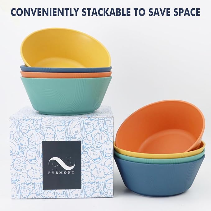 PYRMONT Large Cereal Bowls 36 OZ Wheat Straw Bowls Set of 8 Alternative Plastic Bowls Reusable Microwave & Dishwasher Safe Unbreakable Bowls for Salad Kitchen Bowls for Serving,Camping,RV-Multi