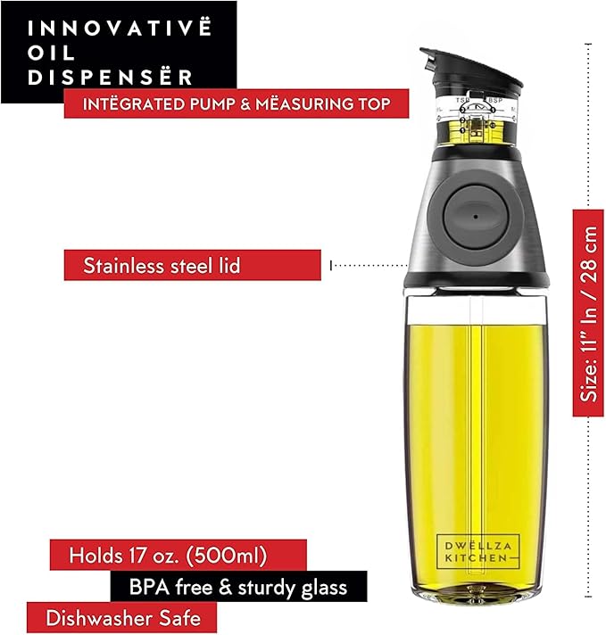 DWËLLZA KITCHEN Olive Oil Dispenser Bottle For Kitchen Set 6 oz Sprayer For Cooking and Glass 17 Oz. Cooking Pour Dispenser With Measurements for Cooking, Airfryer, Salad & BBQ