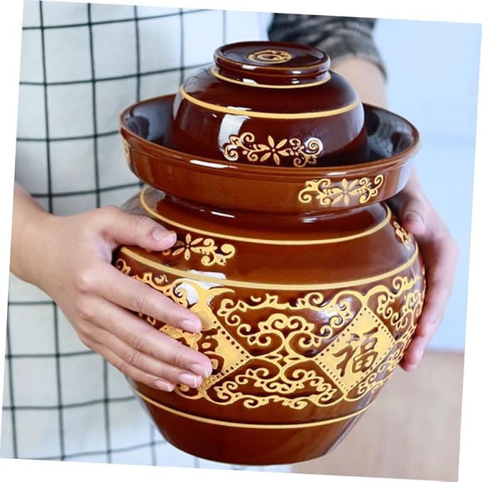 ULTECHNOVO Earthenware Pickle Jar 4lb Thickened Ceramic Chinese Kimchi Crock with Sealed Lid for Vegetable Fermenting and Sauerkraut Storage, Traditional Pottery Jar for Home Use